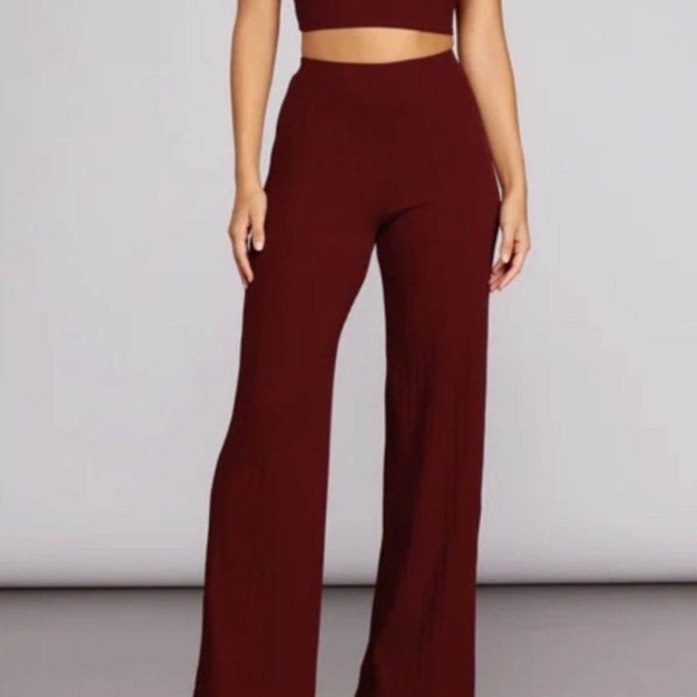 Windsor Women Maroon Pants Medium‎ Stretch Wide Leg Flare Asymmetrical Pull On